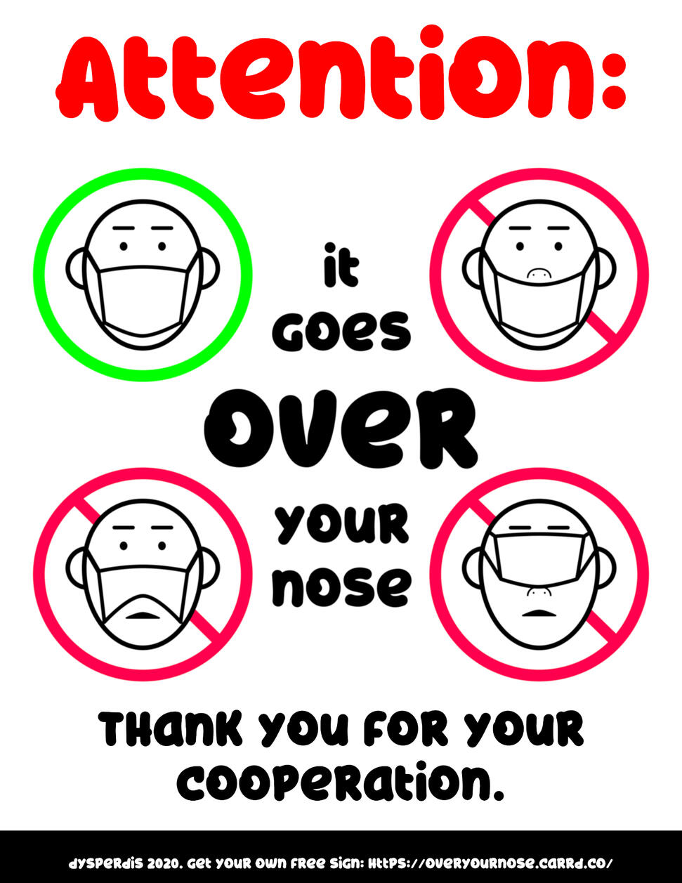 The text "It Goes Over Your Nose" surrounded by 4 diagrams demonstrating proper and improper ways to wear a mask.